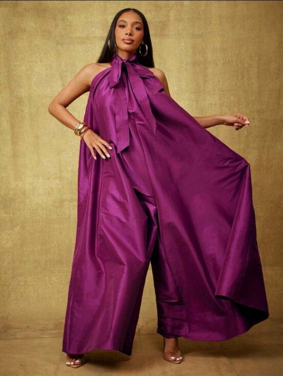 Pants - Plum Solid Taffeta Bow Tie Halter Neck Extreme Wide Leg Jumpsuit, Party